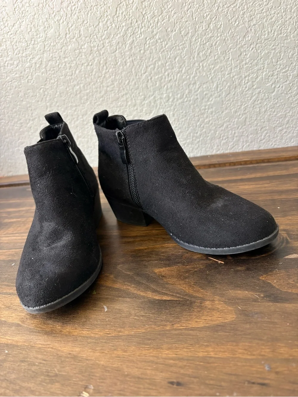 Kids Black Suede Chelsea Booties with Low Block Heel